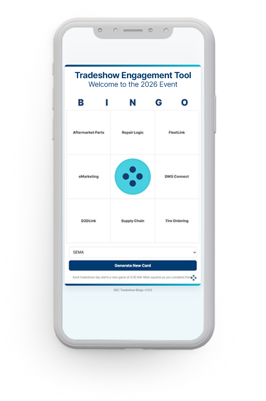Mobile Tradeshow Engagement Tool showing an interactive event card